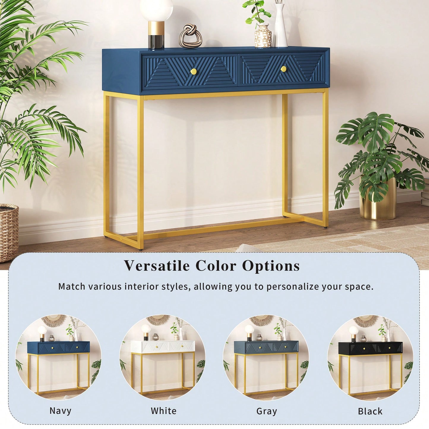 Sleek Modern Console Table With Two Drawers And Stripe Design For Living Room And Entryway In Black
