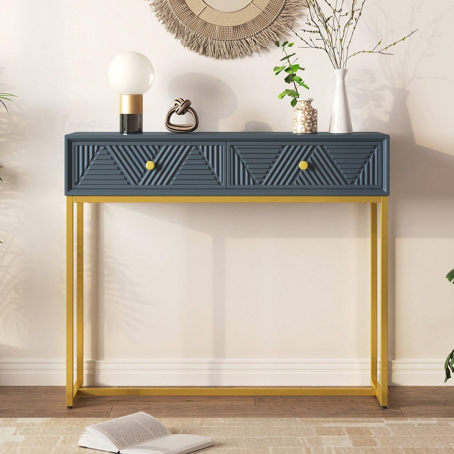 Sleek Modern Console Table With Two Drawers And Stripe Design For Living Room And Entryway In Black