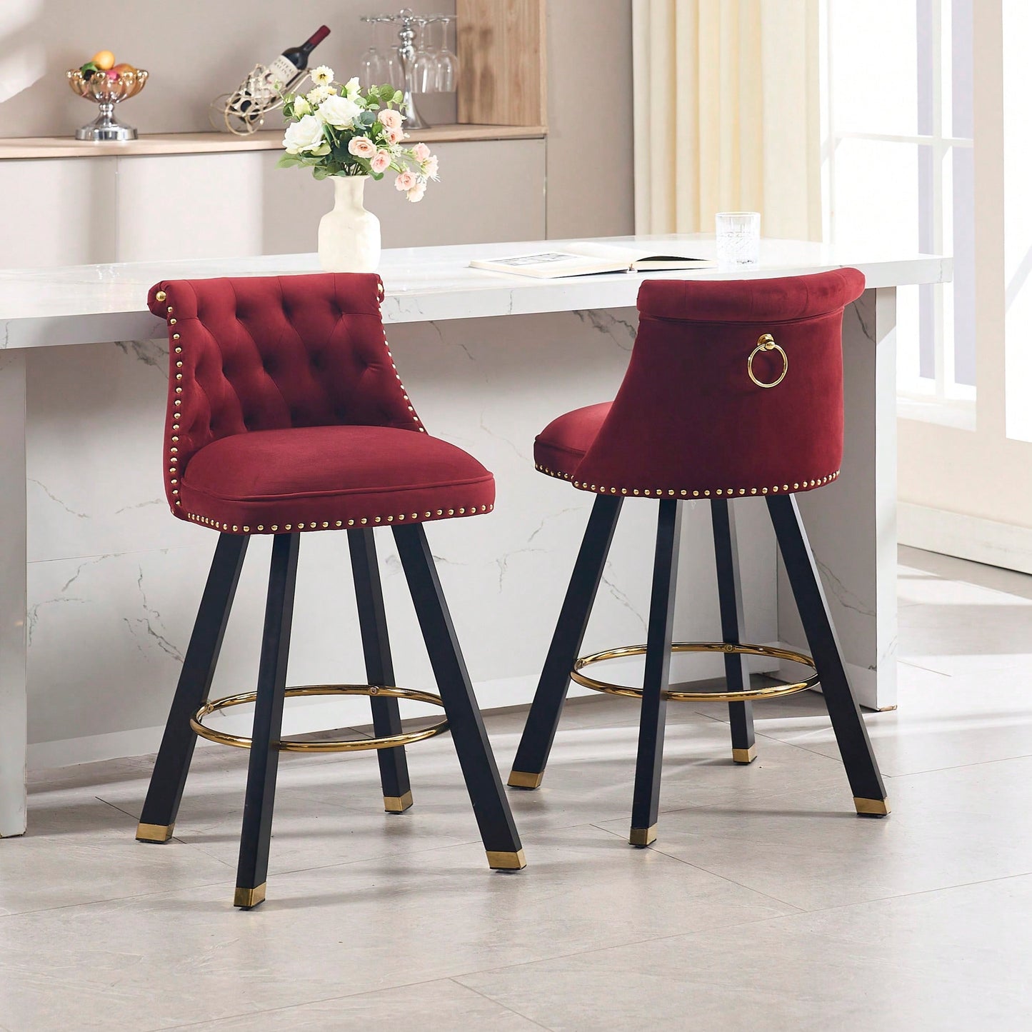 Set Of 2 Velvet Bar Chairs With 360 Degree Rotation And Detachable Back Pull Loop, Square Foot Wooden Base And Rivet Decoration