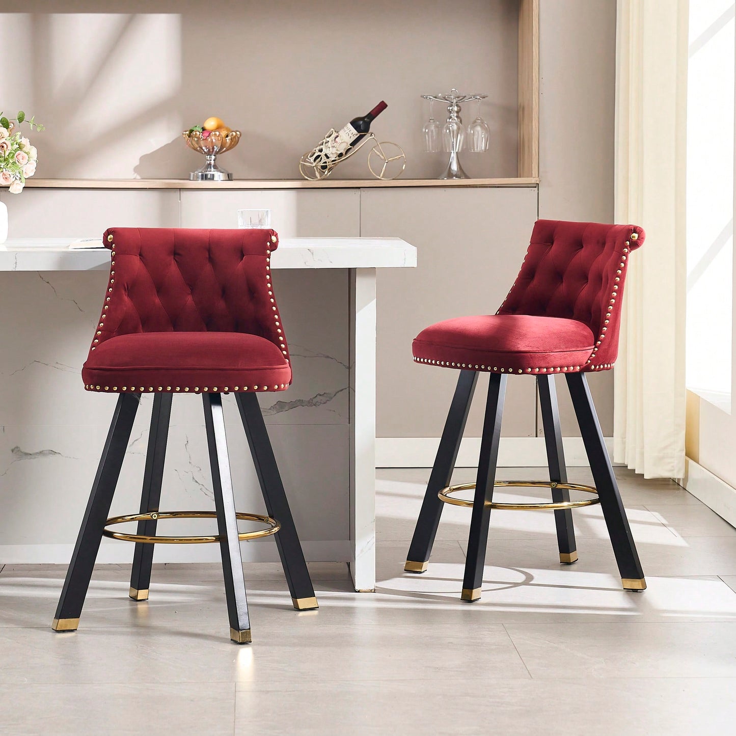 Set Of 2 Velvet Bar Chairs With 360 Degree Rotation And Detachable Back Pull Loop, Square Foot Wooden Base And Rivet Decoration