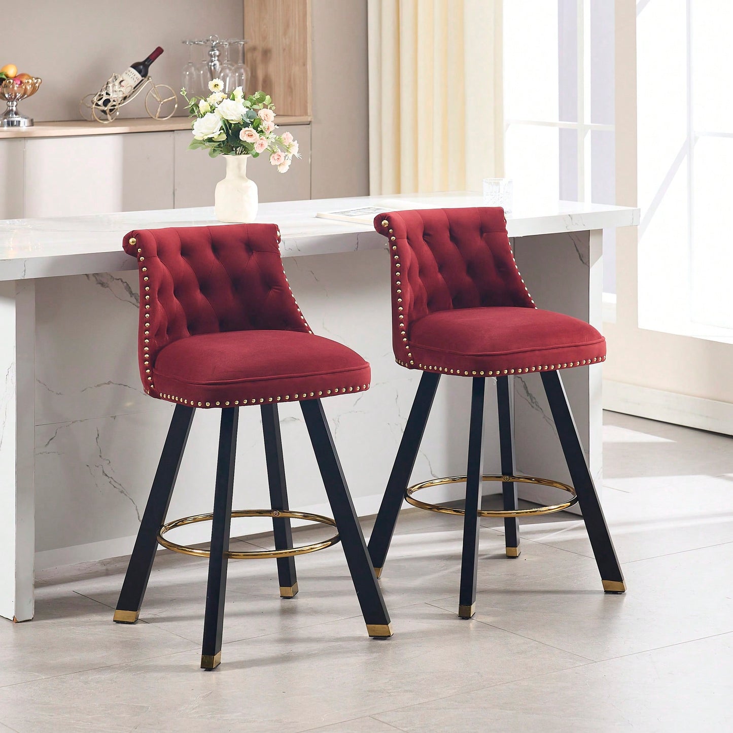 Set Of 2 Velvet Bar Chairs With 360 Degree Rotation And Detachable Back Pull Loop, Square Foot Wooden Base And Rivet Decoration