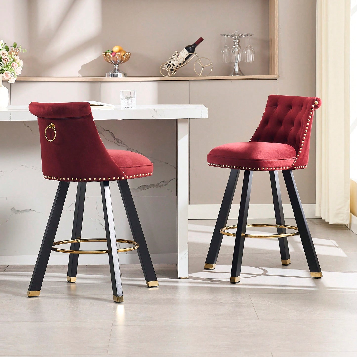 Set Of 2 Velvet Bar Chairs With 360 Degree Rotation And Detachable Back Pull Loop, Square Foot Wooden Base And Rivet Decoration