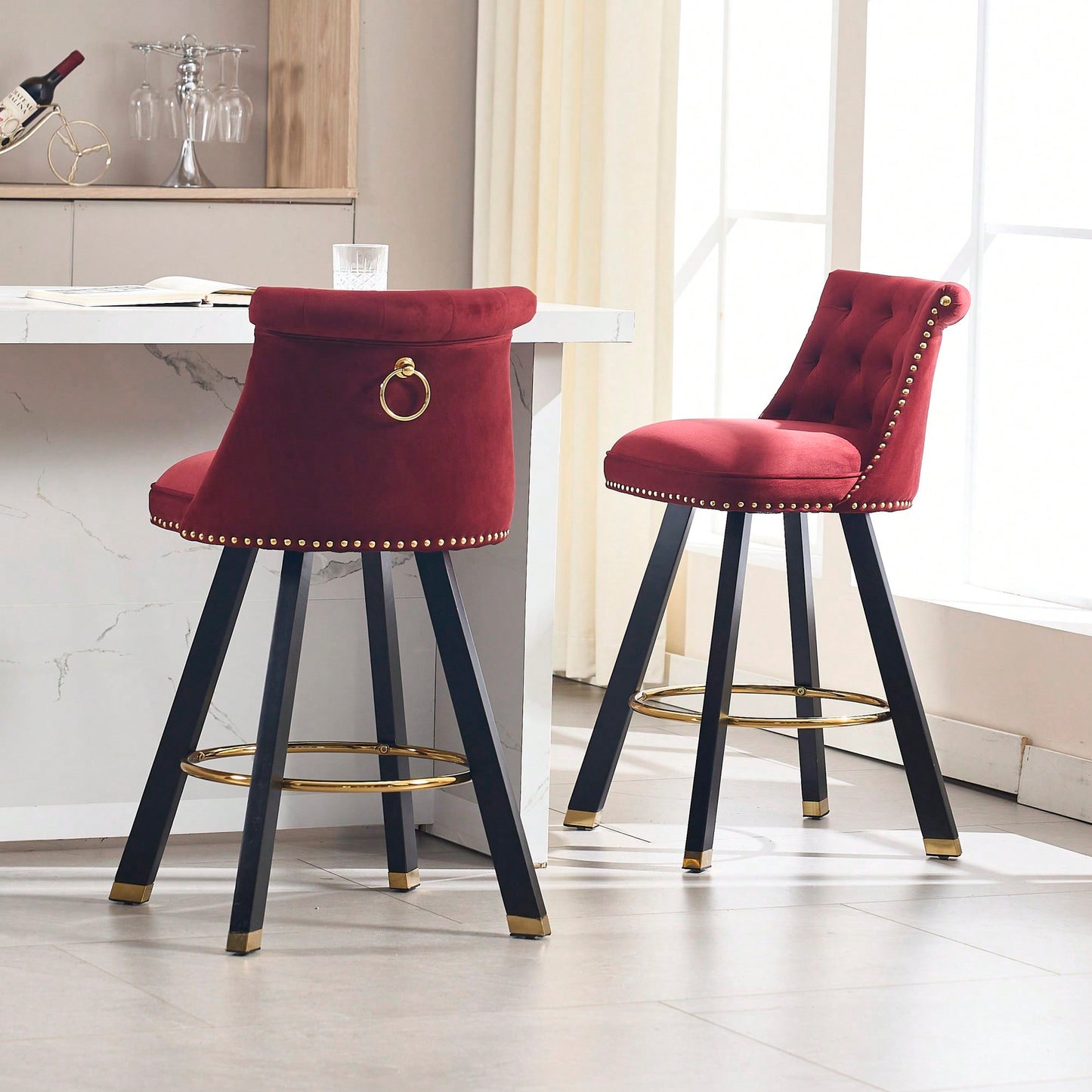 Set Of 2 Velvet Bar Chairs With 360 Degree Rotation And Detachable Back Pull Loop, Square Foot Wooden Base And Rivet Decoration