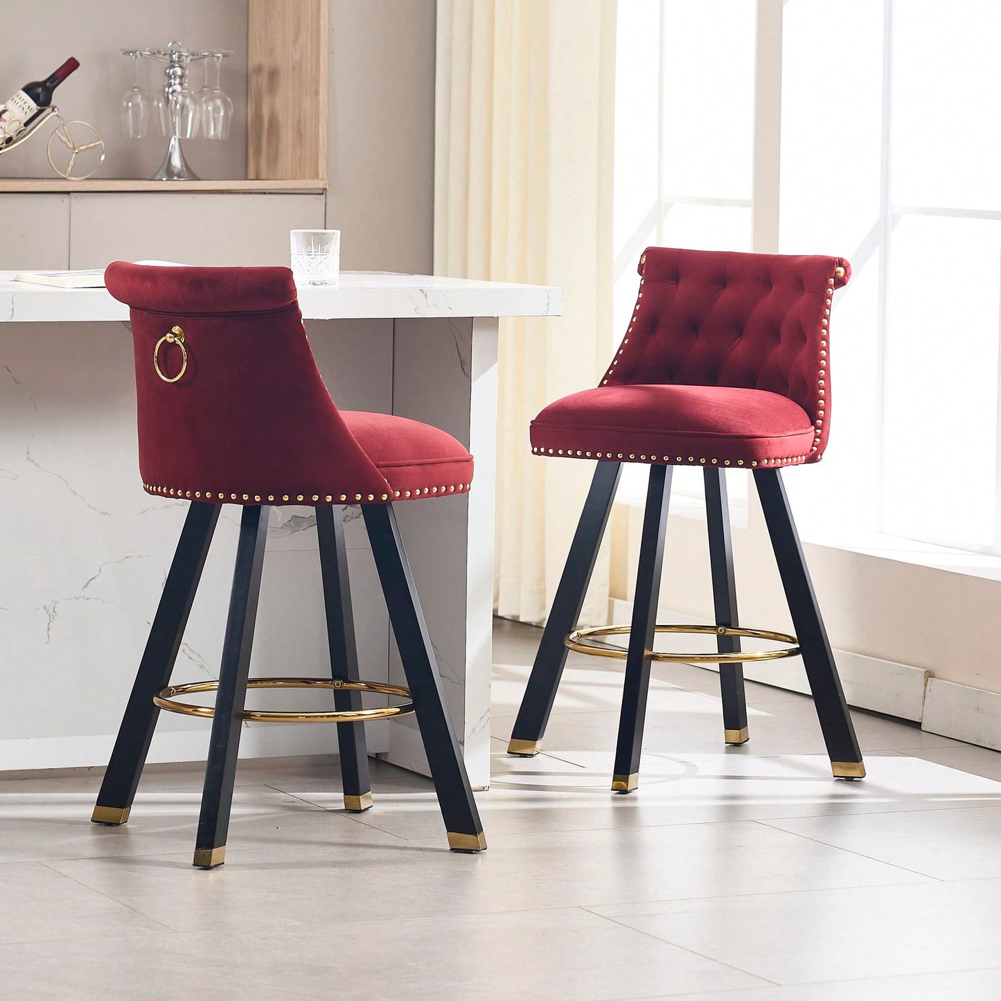 Set Of 2 Velvet Bar Chairs With 360 Degree Rotation And Detachable Back Pull Loop, Square Foot Wooden Base And Rivet Decoration