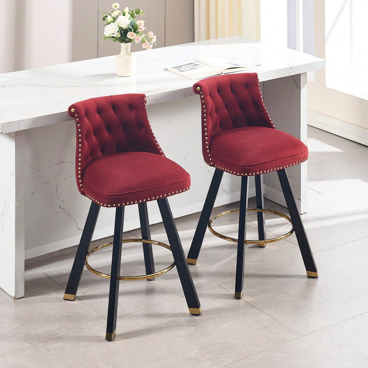 Set Of 2 Velvet Bar Chairs With 360 Degree Rotation And Detachable Back Pull Loop, Square Foot Wooden Base And Rivet Decoration