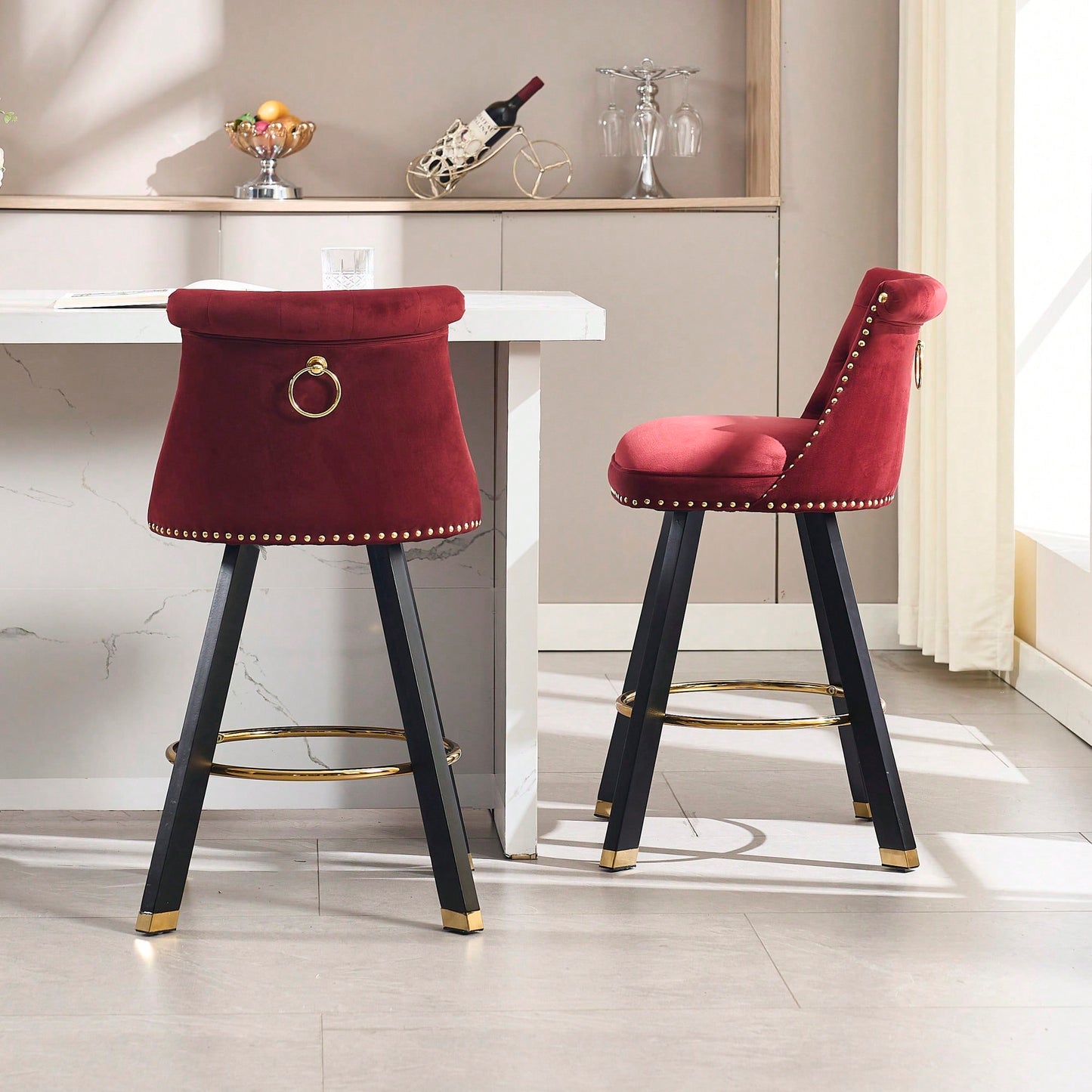 Set Of 2 Velvet Bar Chairs With 360 Degree Rotation And Detachable Back Pull Loop, Square Foot Wooden Base And Rivet Decoration