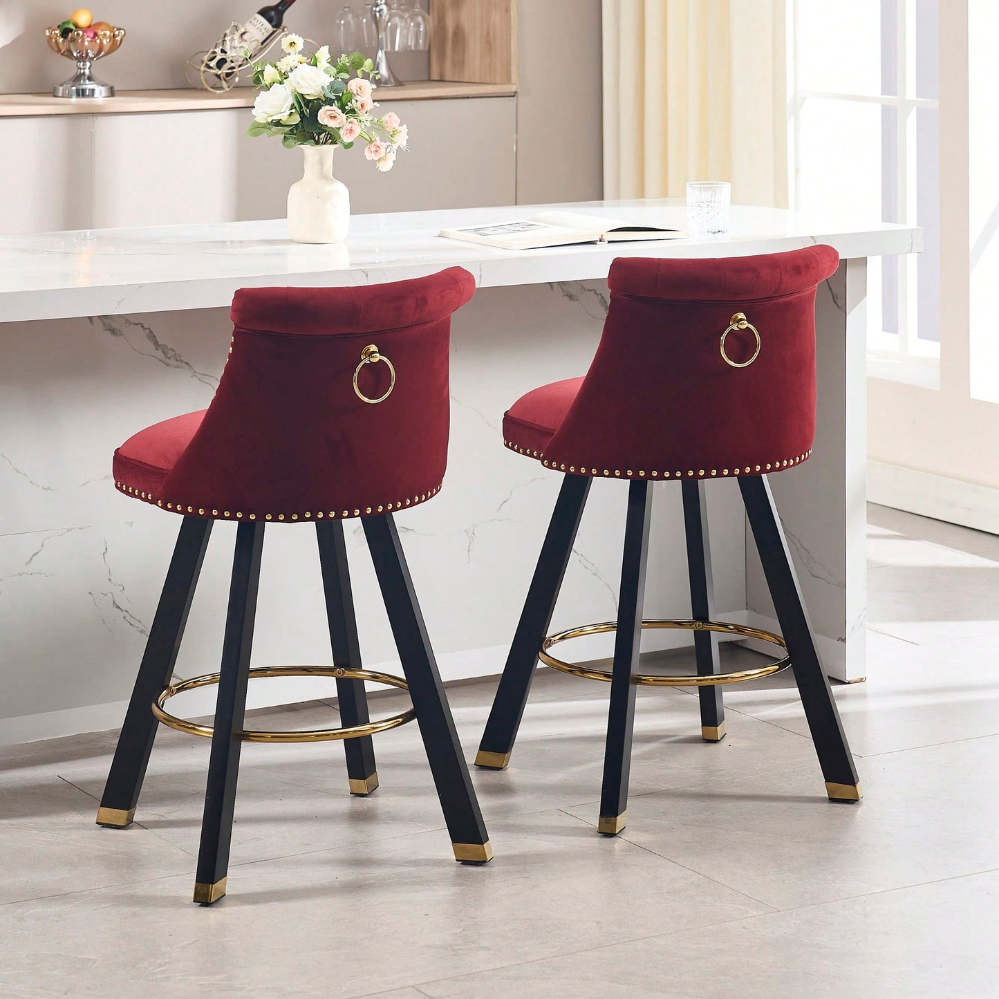 Set Of 2 Velvet Bar Chairs With 360 Degree Rotation And Detachable Back Pull Loop, Square Foot Wooden Base And Rivet Decoration