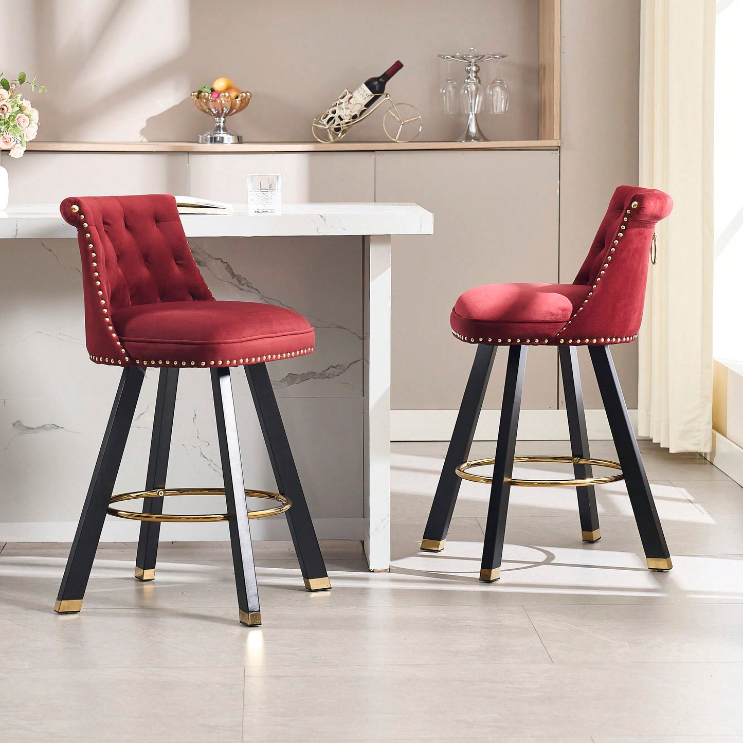 Set Of 2 Velvet Bar Chairs With 360 Degree Rotation And Detachable Back Pull Loop, Square Foot Wooden Base And Rivet Decoration