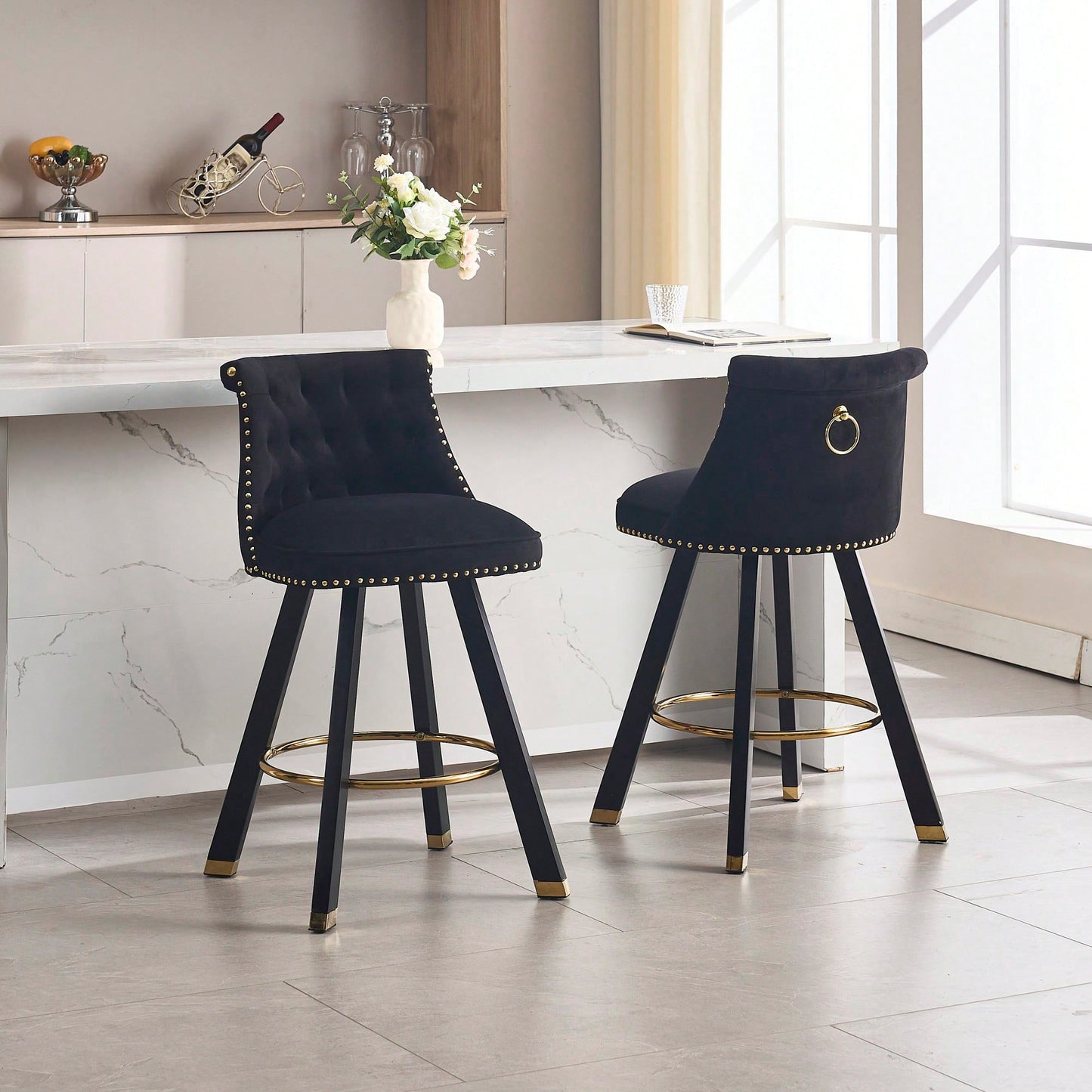 Set Of 2 Velvet Bar Chairs With 360 Degree Rotation And Detachable Back Pull Loop, Square Foot Wooden Base And Rivet Decoration