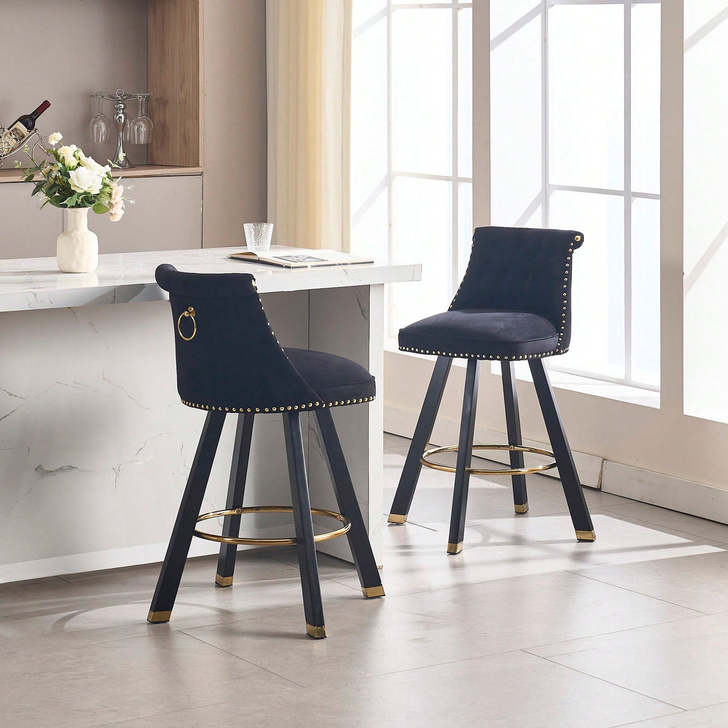 Set Of 2 Velvet Bar Chairs With 360 Degree Rotation And Detachable Back Pull Loop, Square Foot Wooden Base And Rivet Decoration