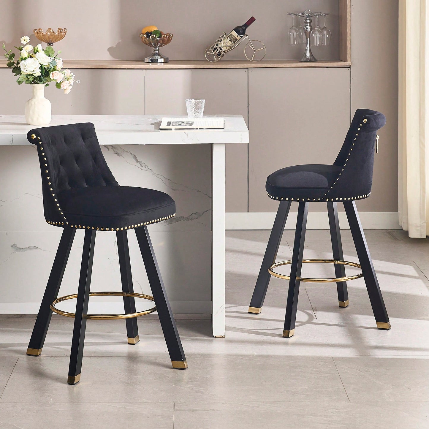 Set Of 2 Velvet Bar Chairs With 360 Degree Rotation And Detachable Back Pull Loop, Square Foot Wooden Base And Rivet Decoration