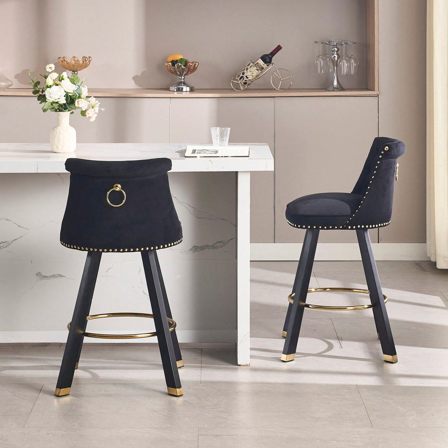 Set Of 2 Velvet Bar Chairs With 360 Degree Rotation And Detachable Back Pull Loop, Square Foot Wooden Base And Rivet Decoration