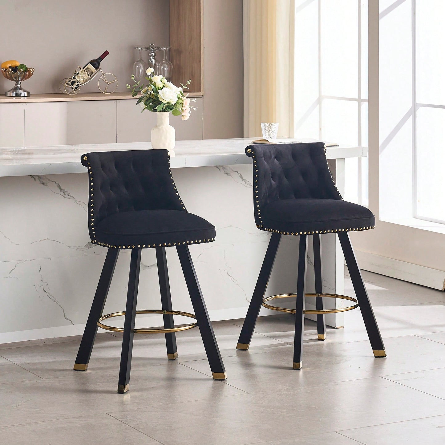 Set Of 2 Velvet Bar Chairs With 360 Degree Rotation And Detachable Back Pull Loop, Square Foot Wooden Base And Rivet Decoration