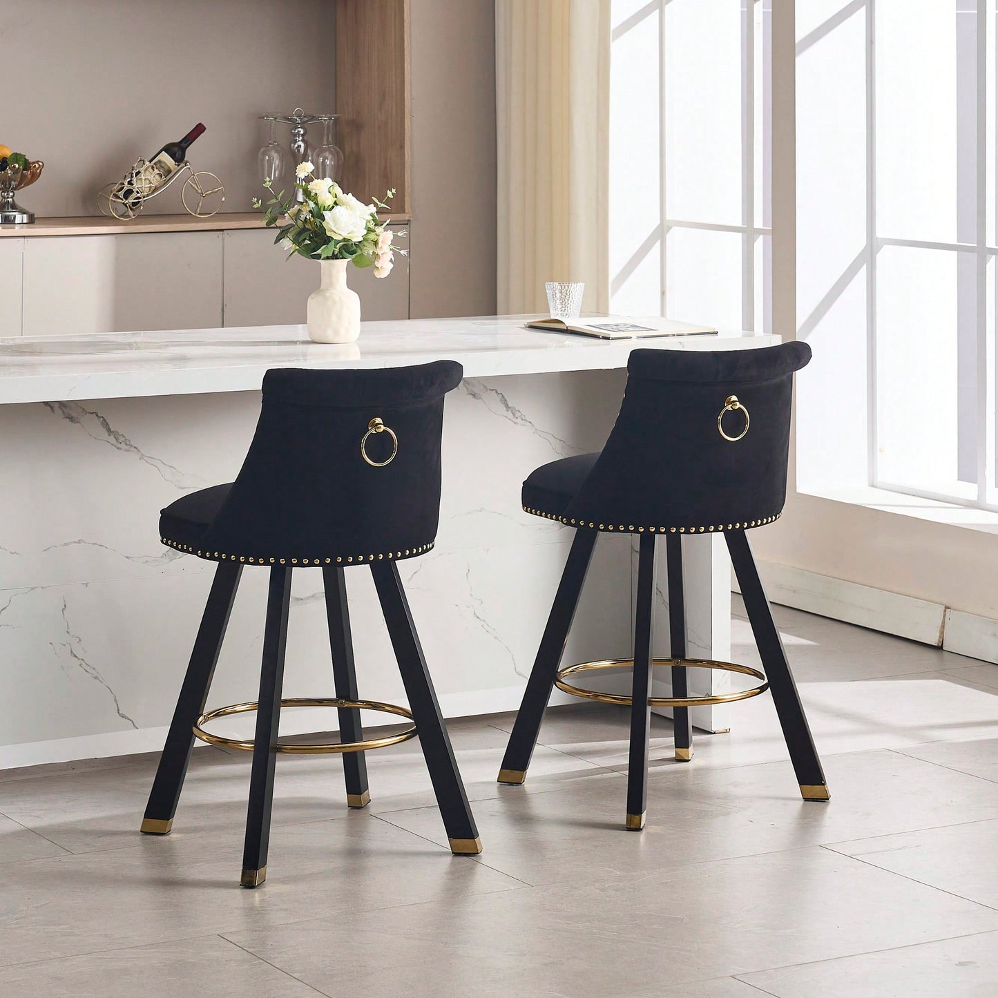 Set Of 2 Velvet Bar Chairs With 360 Degree Rotation And Detachable Back Pull Loop, Square Foot Wooden Base And Rivet Decoration