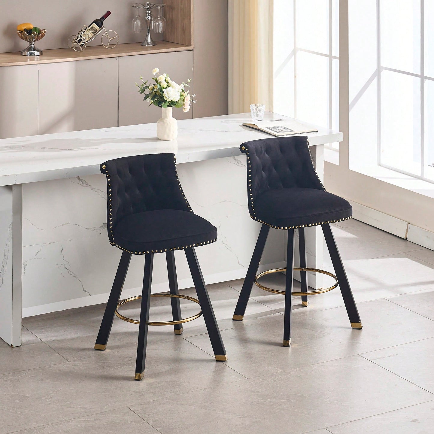 Set Of 2 Velvet Bar Chairs With 360 Degree Rotation And Detachable Back Pull Loop, Square Foot Wooden Base And Rivet Decoration