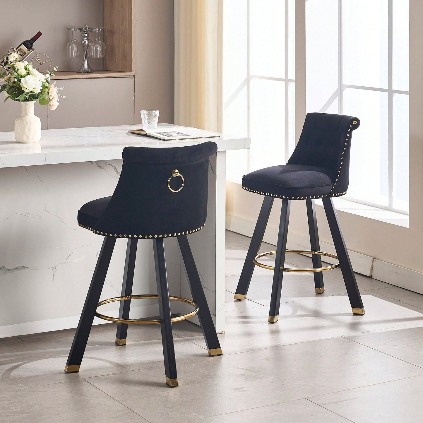 Set Of 2 Velvet Bar Chairs With 360 Degree Rotation And Detachable Back Pull Loop, Square Foot Wooden Base And Rivet Decoration