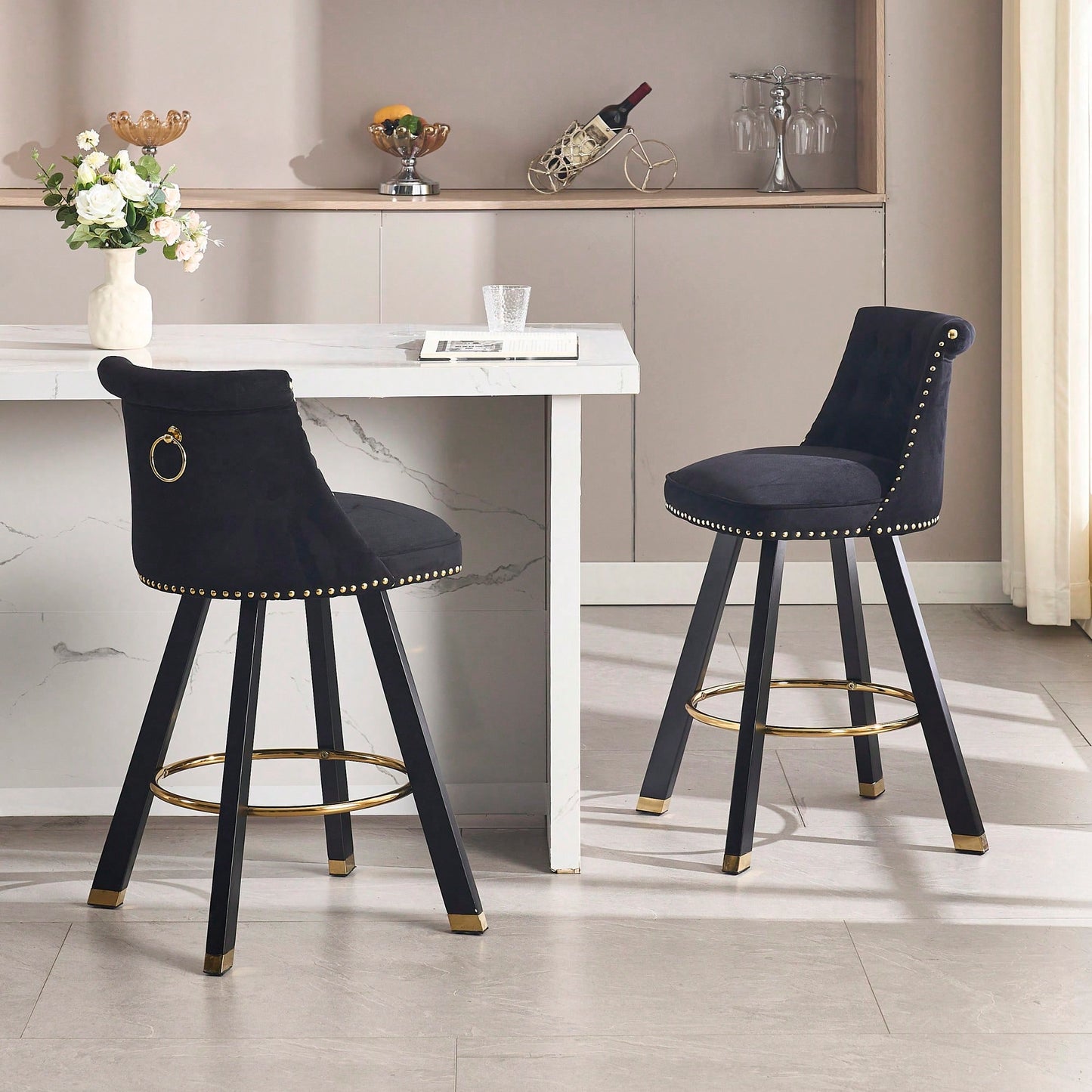 Set Of 2 Velvet Bar Chairs With 360 Degree Rotation And Detachable Back Pull Loop, Square Foot Wooden Base And Rivet Decoration