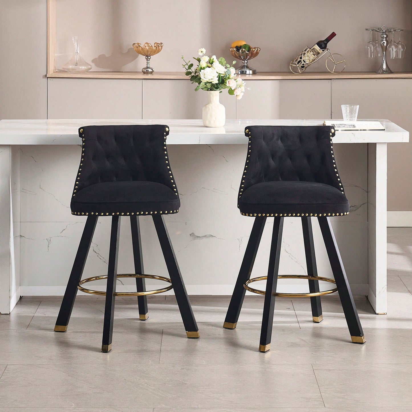 Set Of 2 Velvet Bar Chairs With 360 Degree Rotation And Detachable Back Pull Loop, Square Foot Wooden Base And Rivet Decoration