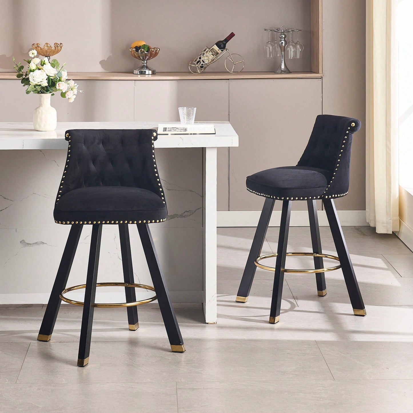 Set Of 2 Velvet Bar Chairs With 360 Degree Rotation And Detachable Back Pull Loop, Square Foot Wooden Base And Rivet Decoration