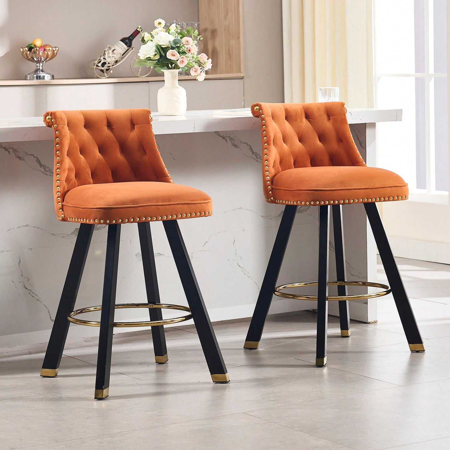 Set Of 2 Velvet Bar Chairs With 360 Degree Rotation And Detachable Back Pull Loop, Square Foot Wooden Base And Rivet Decoration