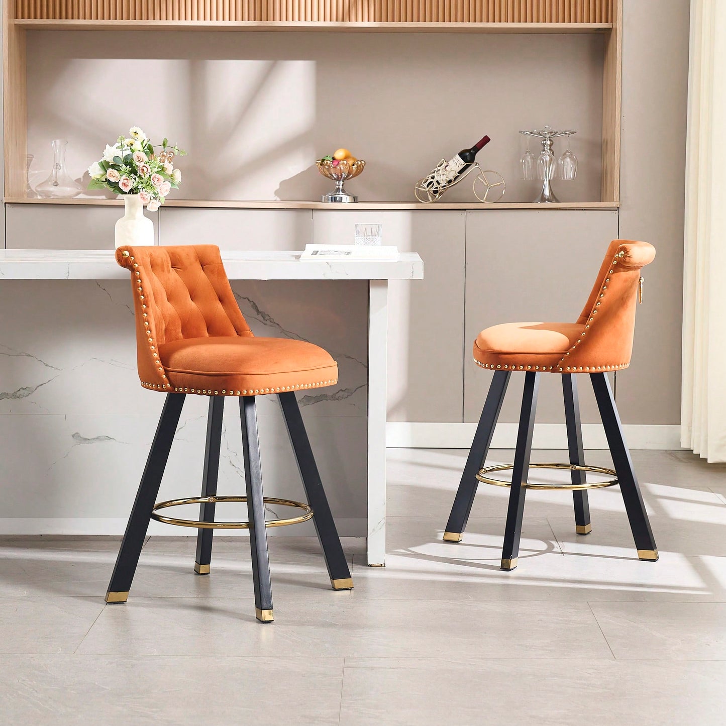 Set Of 2 Velvet Bar Chairs With 360 Degree Rotation And Detachable Back Pull Loop, Square Foot Wooden Base And Rivet Decoration