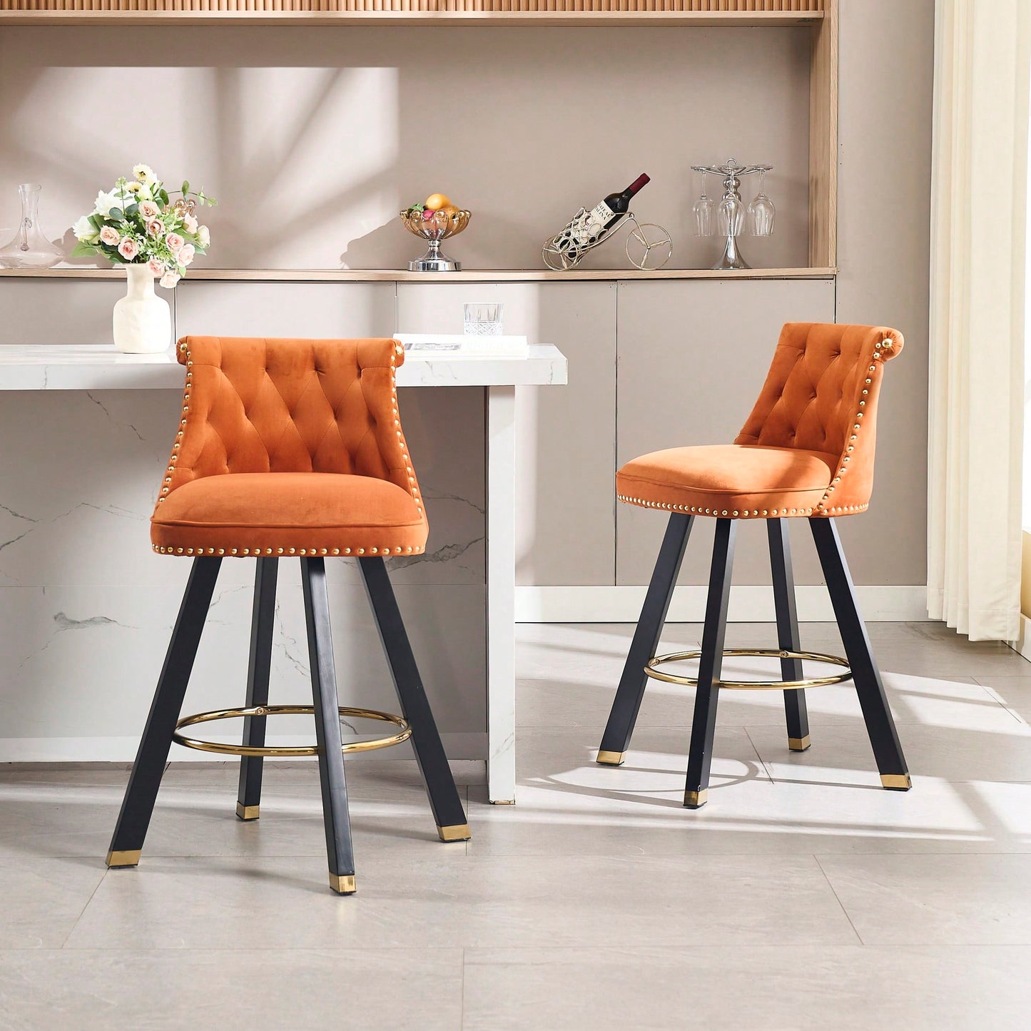 Set Of 2 Velvet Bar Chairs With 360 Degree Rotation And Detachable Back Pull Loop, Square Foot Wooden Base And Rivet Decoration