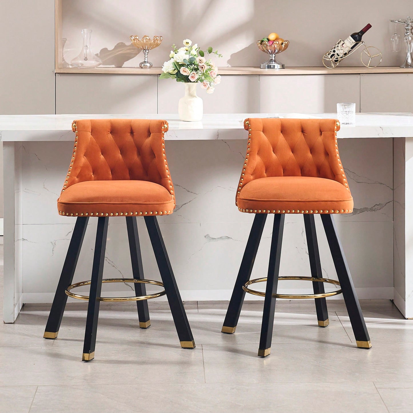 Set Of 2 Velvet Bar Chairs With 360 Degree Rotation And Detachable Back Pull Loop, Square Foot Wooden Base And Rivet Decoration