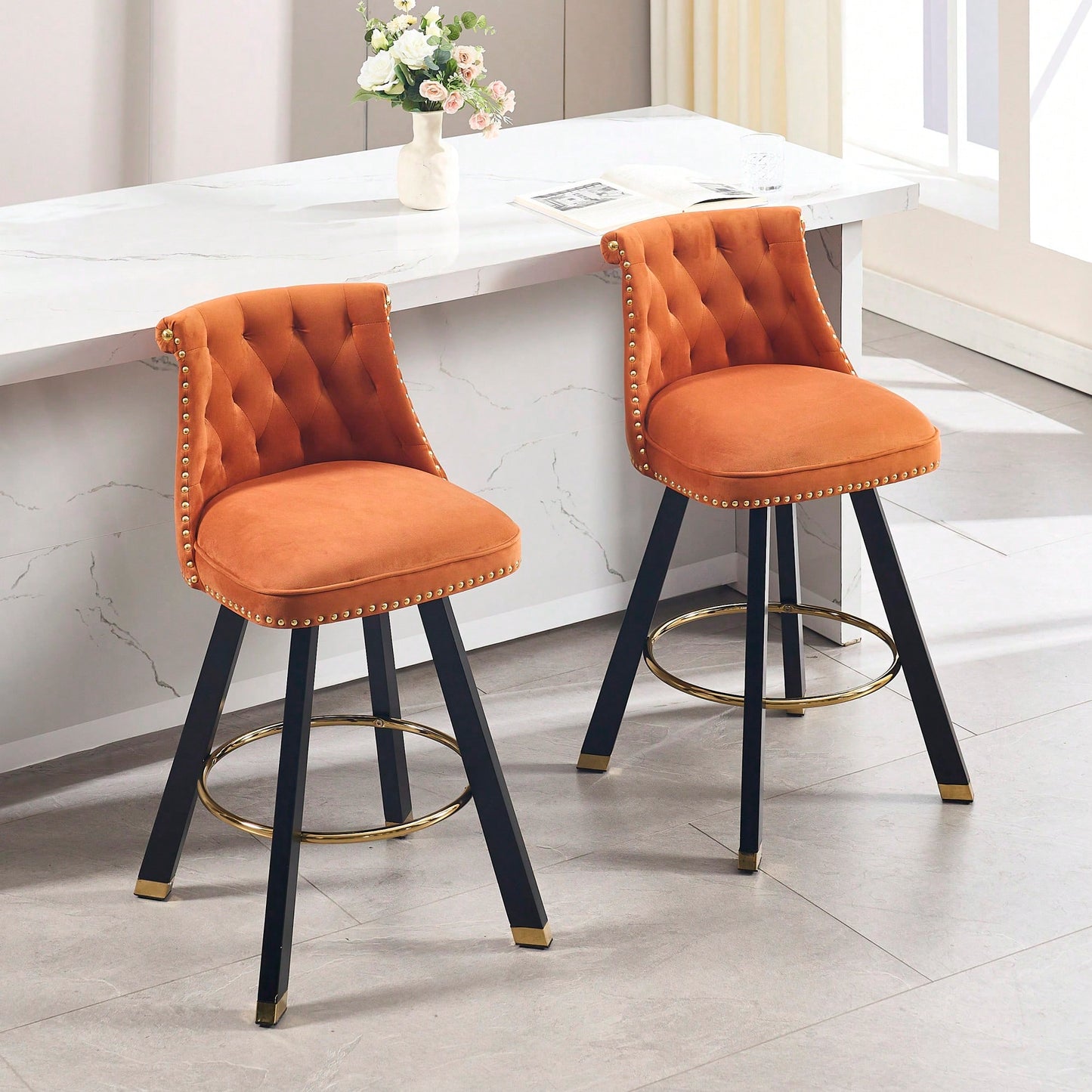 Set Of 2 Velvet Bar Chairs With 360 Degree Rotation And Detachable Back Pull Loop, Square Foot Wooden Base And Rivet Decoration