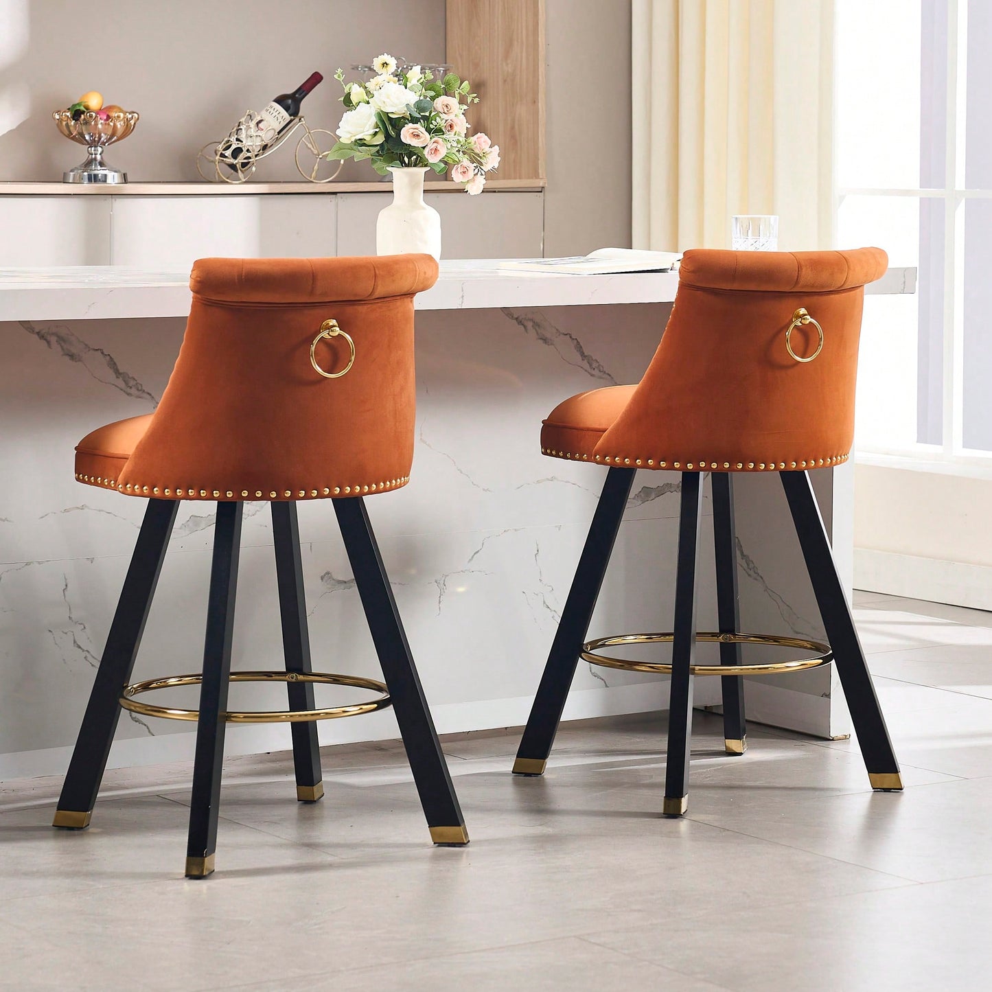 Set Of 2 Velvet Bar Chairs With 360 Degree Rotation And Detachable Back Pull Loop, Square Foot Wooden Base And Rivet Decoration