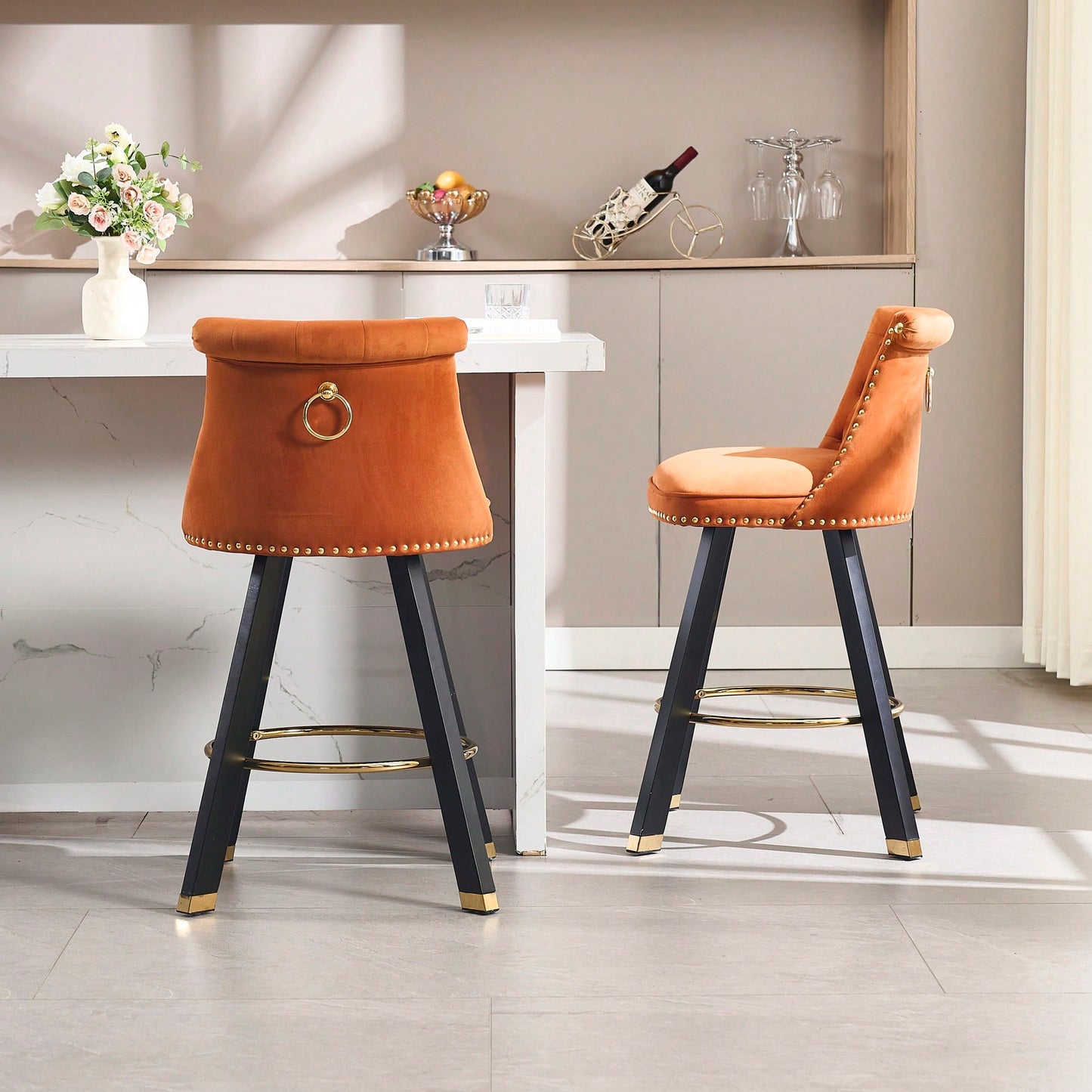 Set Of 2 Velvet Bar Chairs With 360 Degree Rotation And Detachable Back Pull Loop, Square Foot Wooden Base And Rivet Decoration