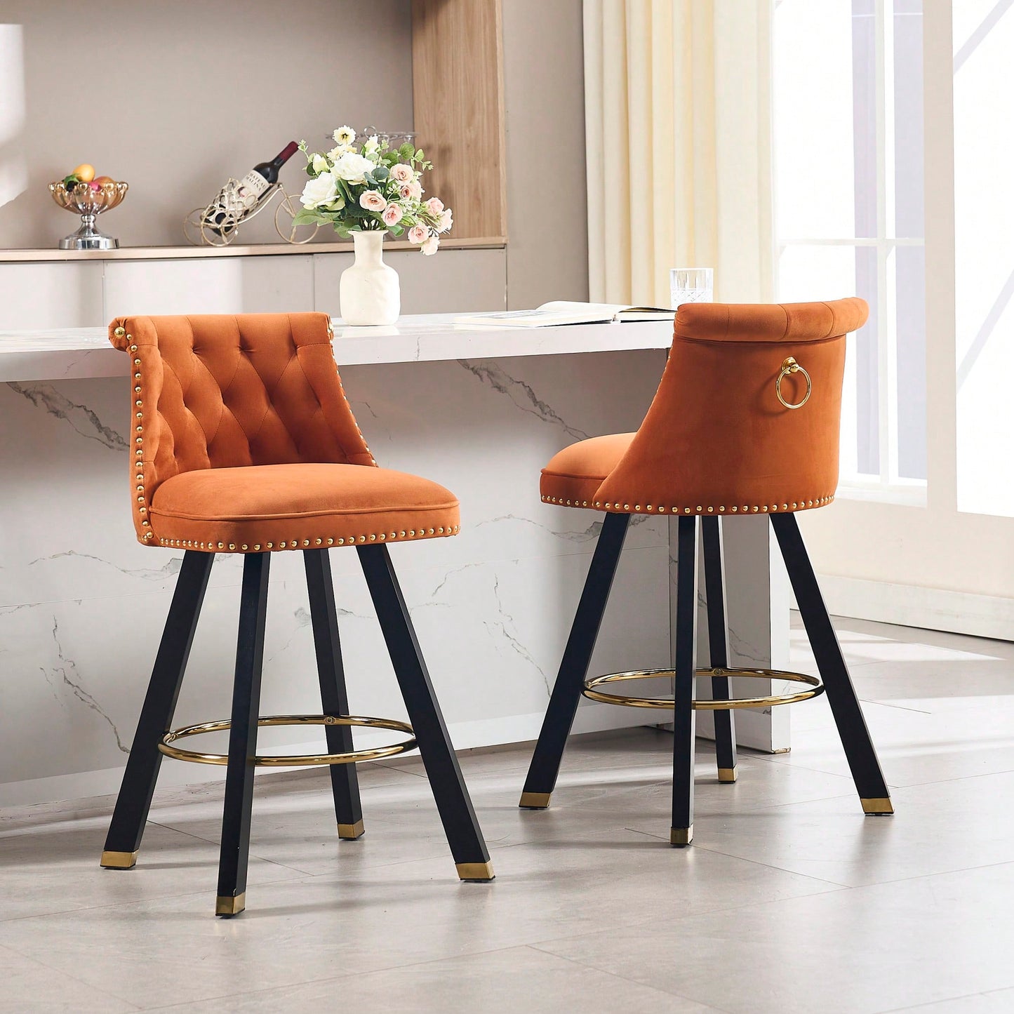Set Of 2 Velvet Bar Chairs With 360 Degree Rotation And Detachable Back Pull Loop, Square Foot Wooden Base And Rivet Decoration