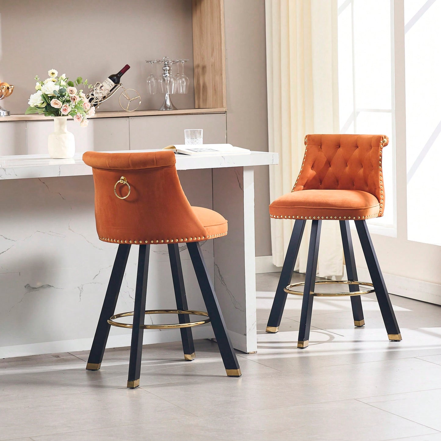 Set Of 2 Velvet Bar Chairs With 360 Degree Rotation And Detachable Back Pull Loop, Square Foot Wooden Base And Rivet Decoration