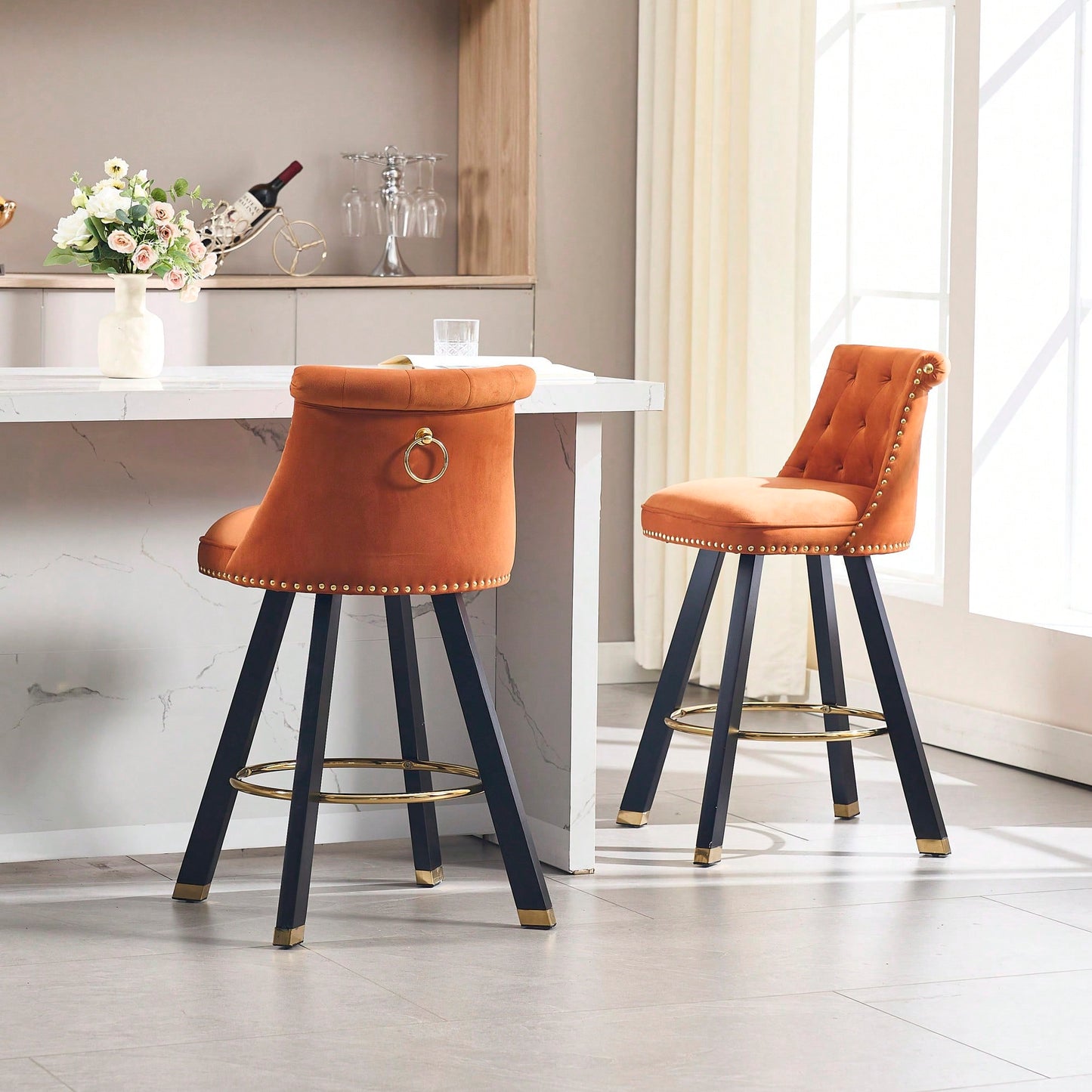 Set Of 2 Velvet Bar Chairs With 360 Degree Rotation And Detachable Back Pull Loop, Square Foot Wooden Base And Rivet Decoration