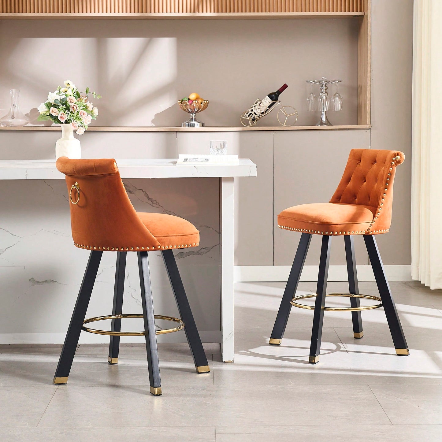 Set Of 2 Velvet Bar Chairs With 360 Degree Rotation And Detachable Back Pull Loop, Square Foot Wooden Base And Rivet Decoration