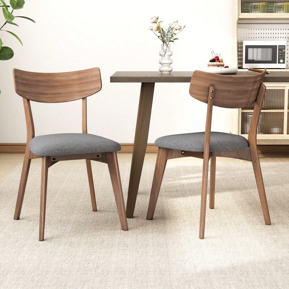 Mid-Century Modern Walnut Frame Upholstered Dining Chairs Set Of 2 In Dark Grey