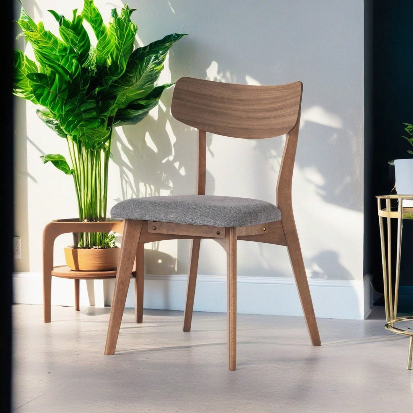 Mid-Century Modern Walnut Frame Upholstered Dining Chairs Set Of 2 In Dark Grey