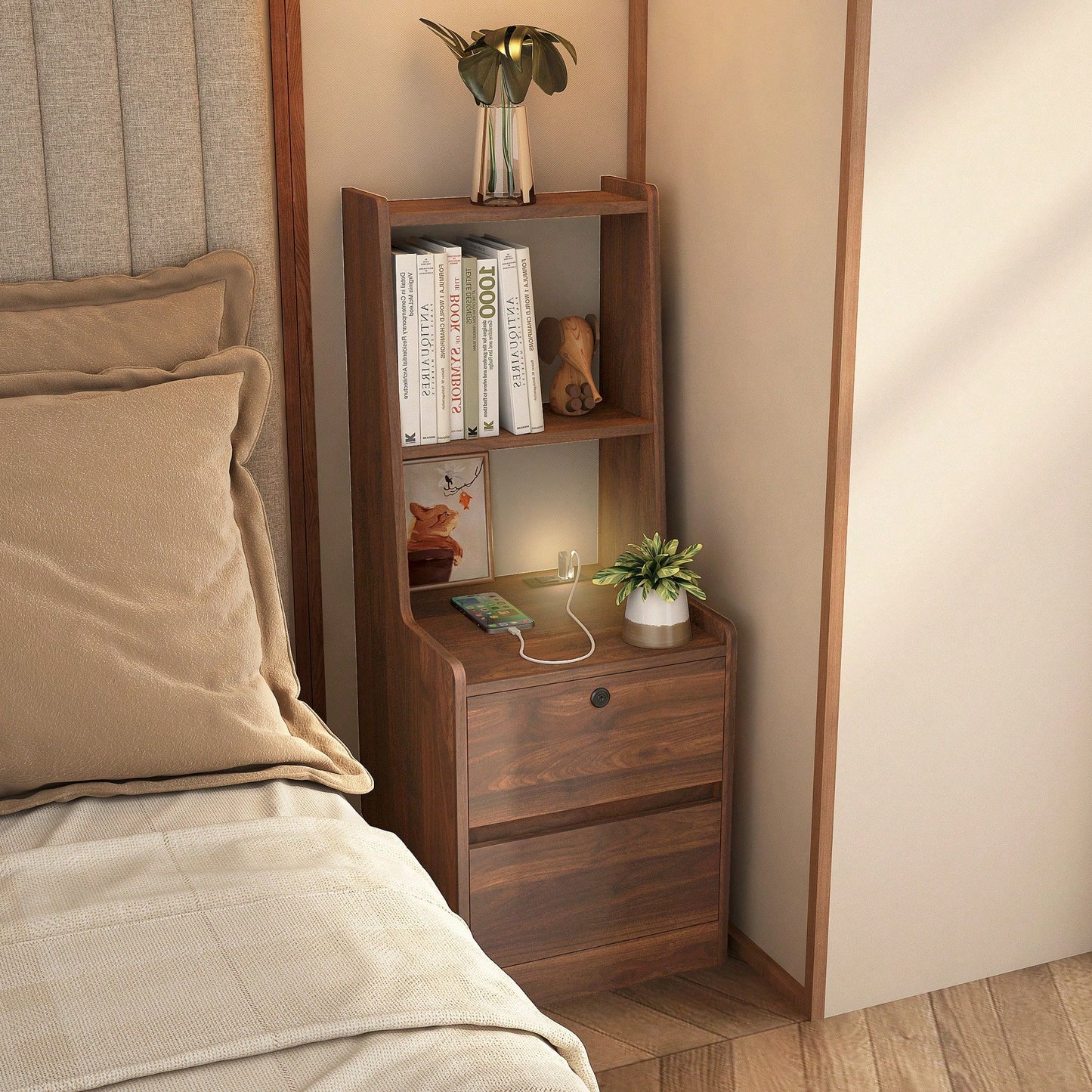 Modern Nightstand With Charging Station And Night Light, Stylish Bedside Table With Bookshelf And Storage Cabinet For Bedroom, Wooden Design