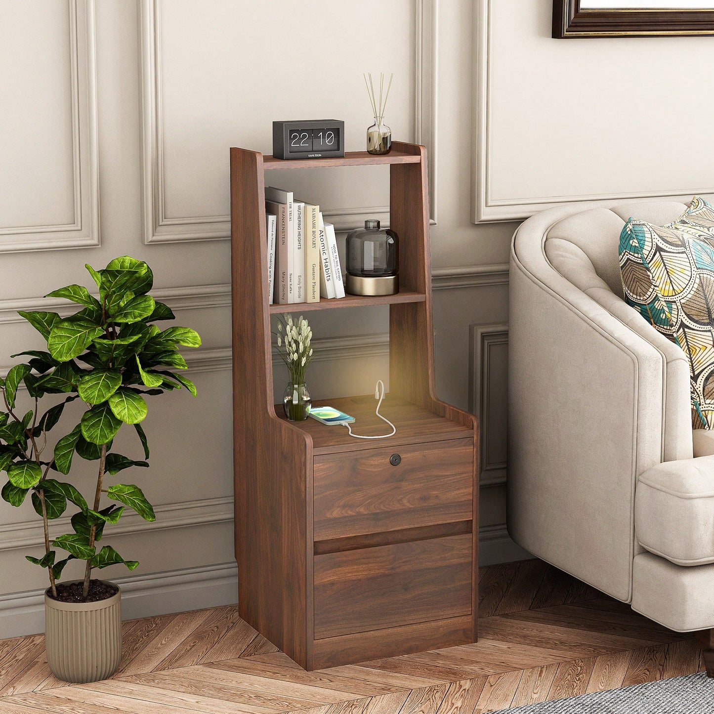 Modern Nightstand With Charging Station And Night Light, Stylish Bedside Table With Bookshelf And Storage Cabinet For Bedroom, Wooden Design