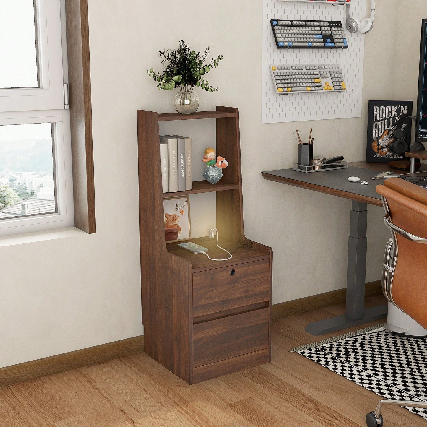 Modern Nightstand With Charging Station And Night Light, Stylish Bedside Table With Bookshelf And Storage Cabinet For Bedroom, Wooden Design