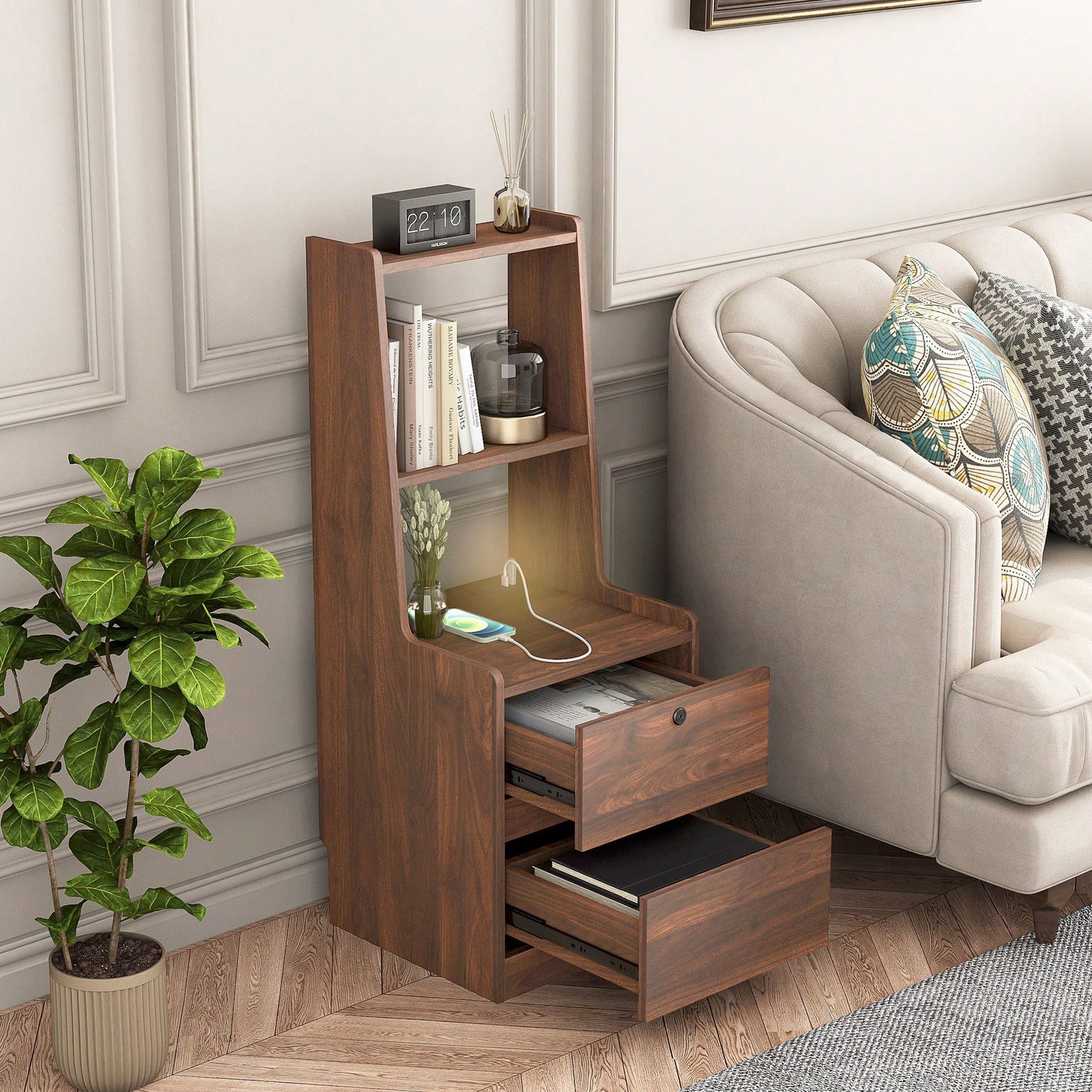 Modern Nightstand With Charging Station And Night Light, Stylish Bedside Table With Bookshelf And Storage Cabinet For Bedroom, Wooden Design