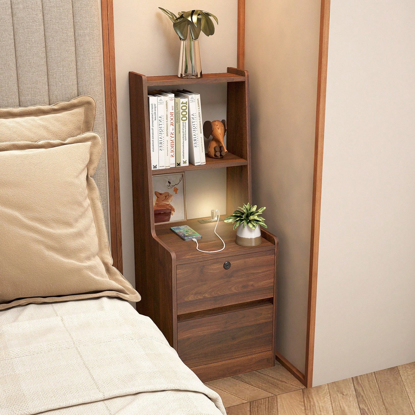 Modern Nightstand With Charging Station And Night Light, Stylish Bedside Table With Bookshelf And Storage Cabinet For Bedroom, Wooden Design
