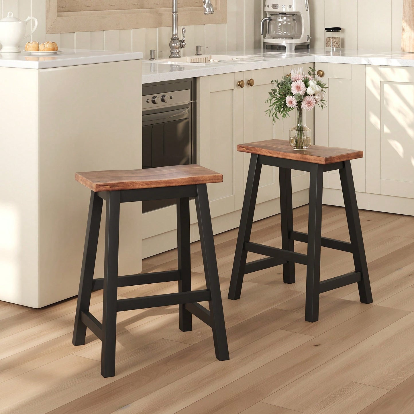 Rustic 2-Piece Counter Height Wood Kitchen Dining Stools For Small Spaces In Walnut And Black Finish