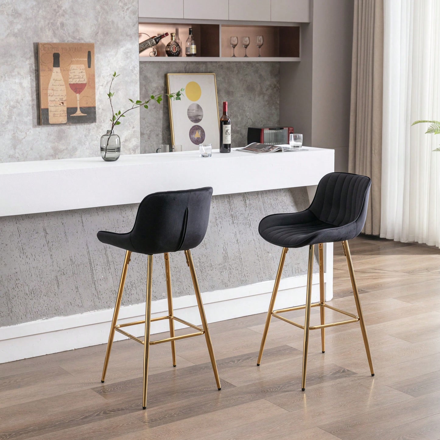 30 Inch Velvet Fabric Bar Stools Set Of 2 With Chrome Footrest And Golden Legs Modern High Counter Seating In Black