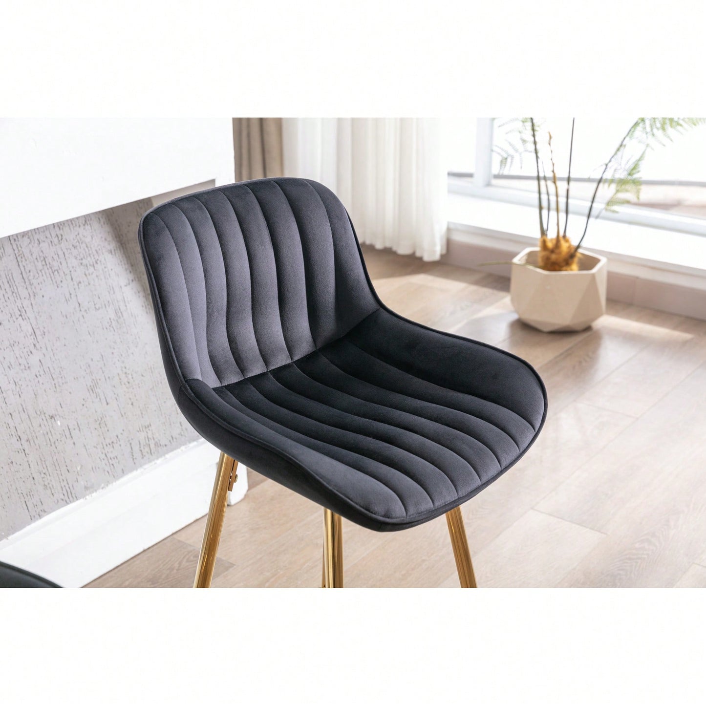 30 Inch Velvet Fabric Bar Stools Set Of 2 With Chrome Footrest And Golden Legs Modern High Counter Seating In Black