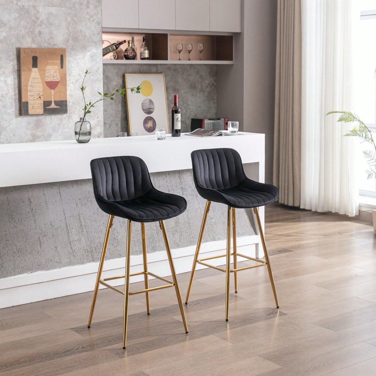 30 Inch Velvet Fabric Bar Stools Set Of 2 With Chrome Footrest And Golden Legs Modern High Counter Seating In Black
