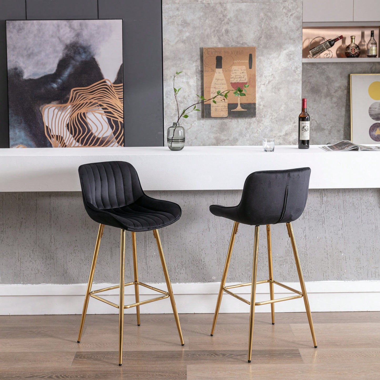 30 Inch Velvet Fabric Bar Stools Set Of 2 With Chrome Footrest And Golden Legs Modern High Counter Seating In Black