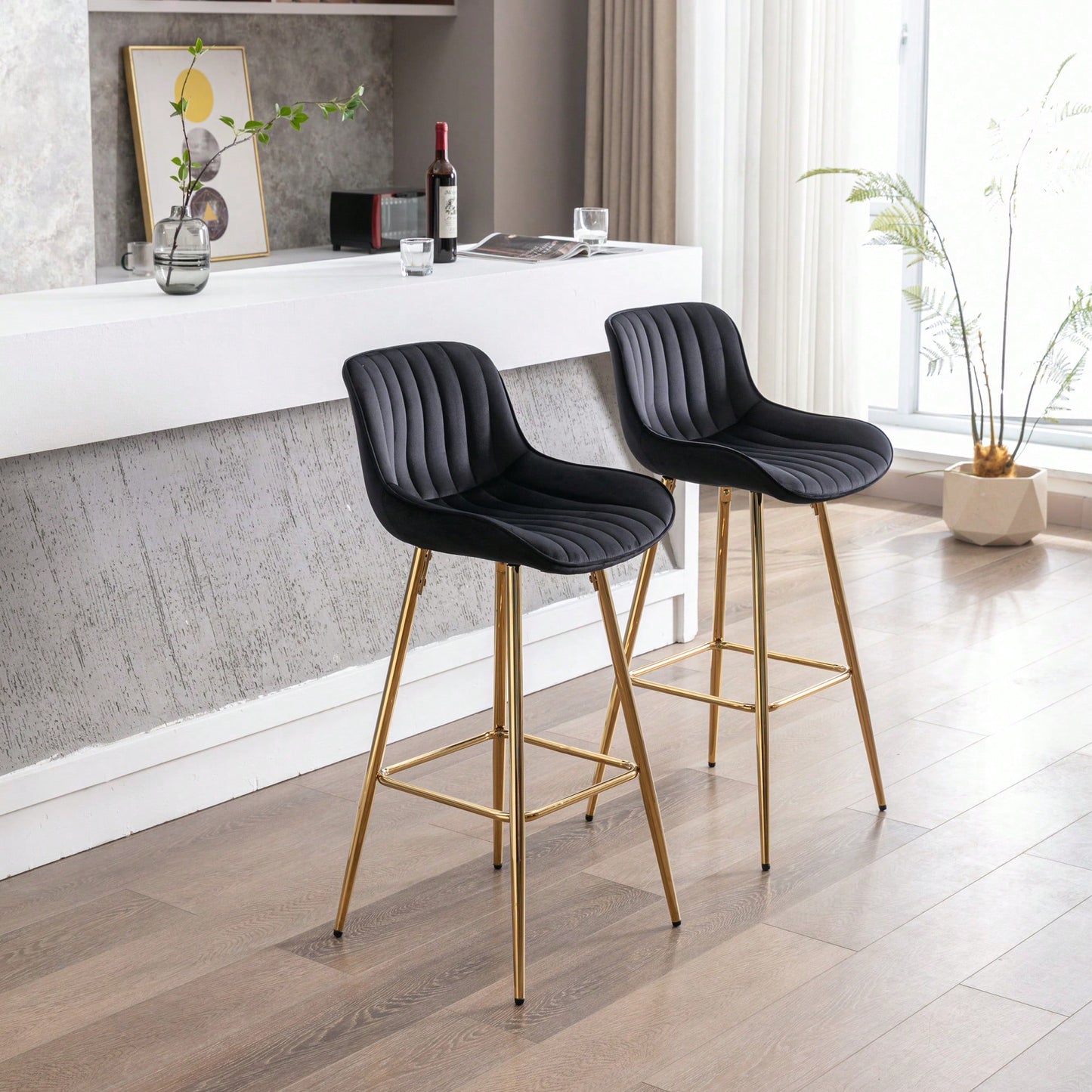 30 Inch Velvet Fabric Bar Stools Set Of 2 With Chrome Footrest And Golden Legs Modern High Counter Seating In Black