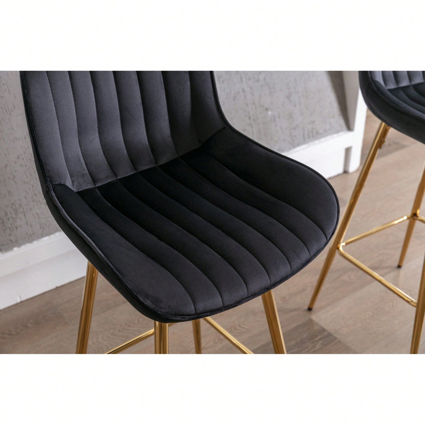 30 Inch Velvet Fabric Bar Stools Set Of 2 With Chrome Footrest And Golden Legs Modern High Counter Seating In Black