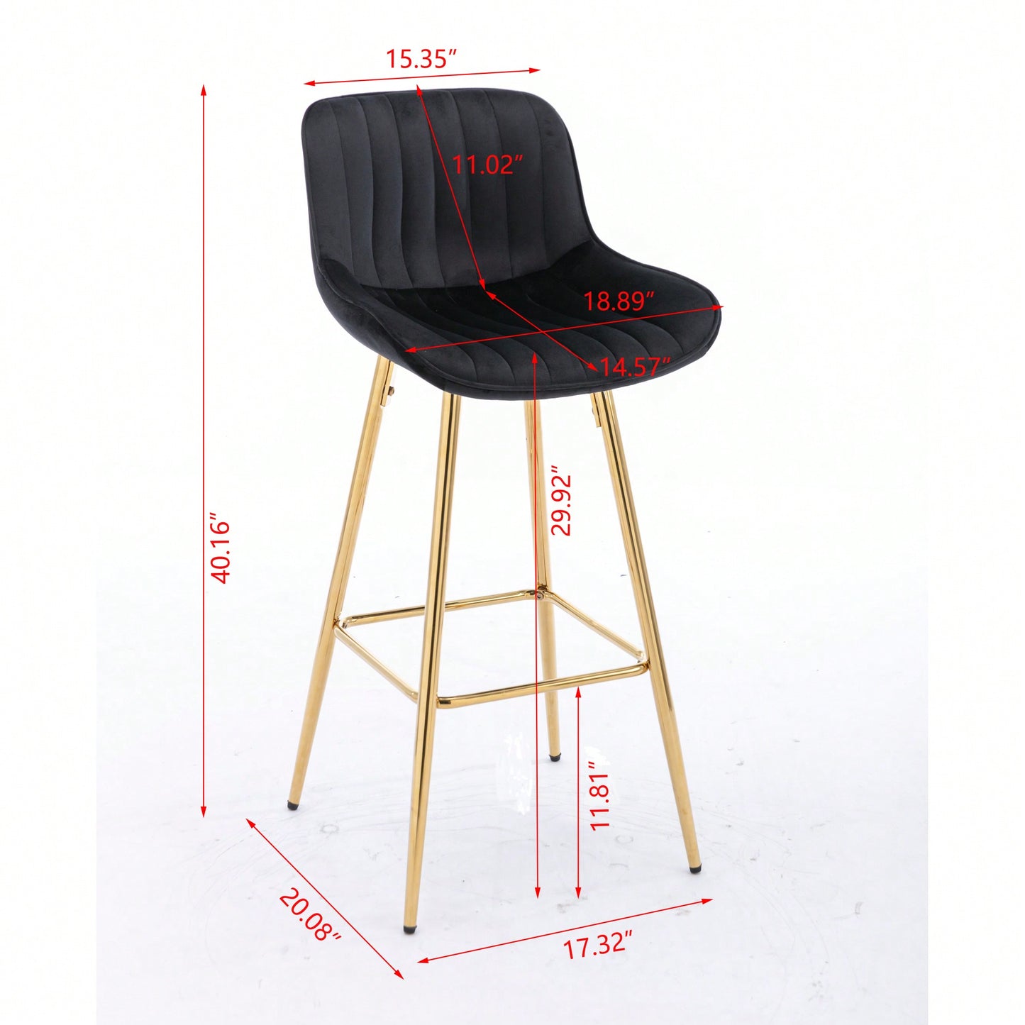 30 Inch Velvet Fabric Bar Stools Set Of 2 With Chrome Footrest And Golden Legs Modern High Counter Seating In Black