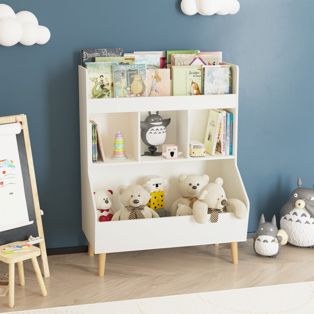 Multifunctional Kids Toy Storage Organizer And Bookshelf With Legs For Nursery And Playroom, White